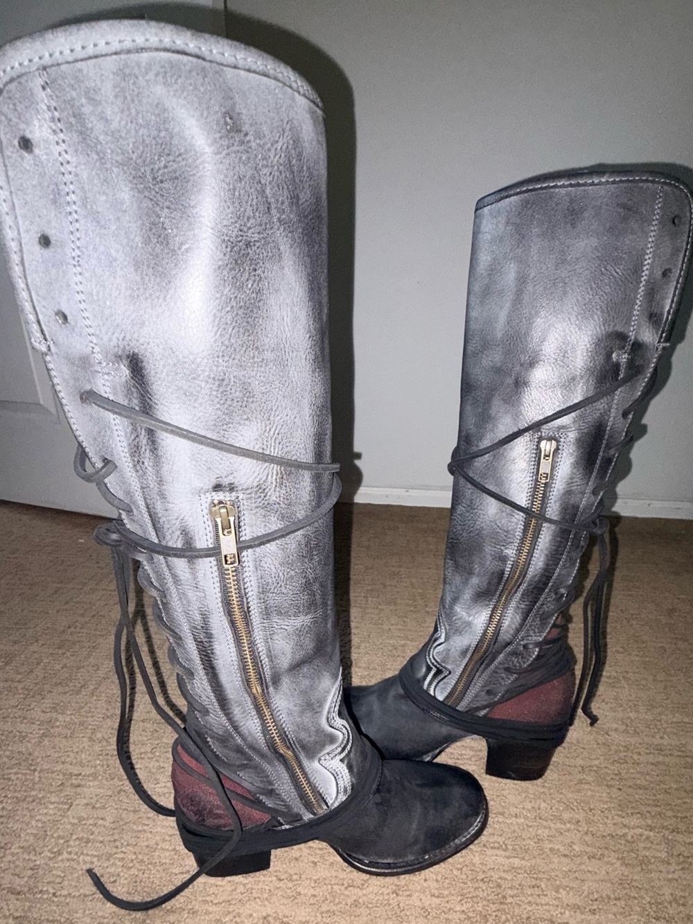 Freebird by Steven Distressed Gray Lace-Up Over-the-Knee Boots with Gold Zipper